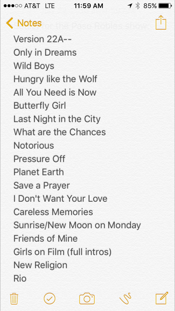 Our Paso Robles Setlist